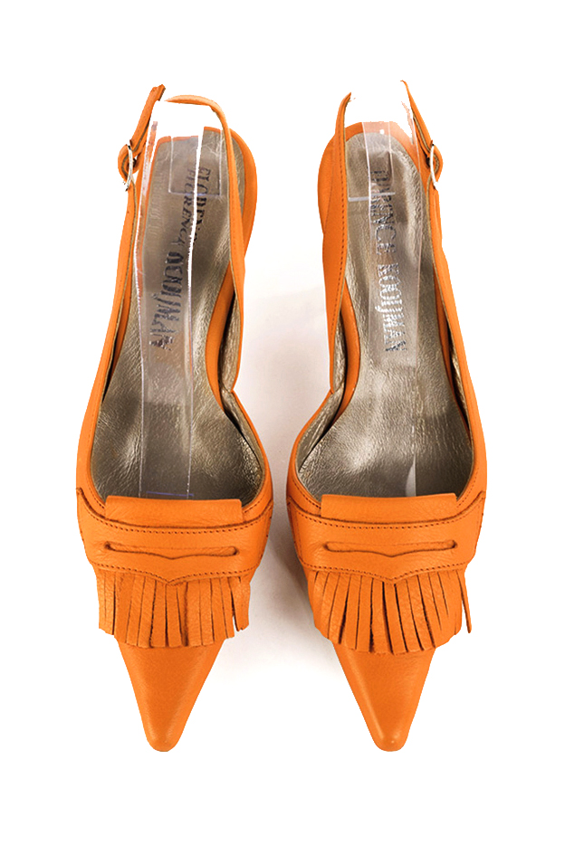 Women's apricot orange slingback dress shoes. Pointed toe. High spool heels - Top view